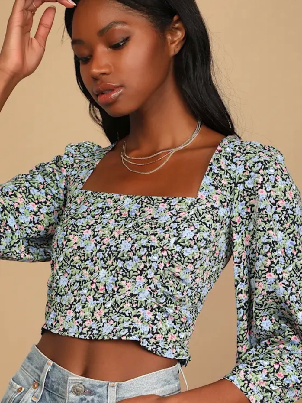 Lulus Floral Puff Sleeve Crop Top Medium Black Blue Pink Cottagecore Coquette